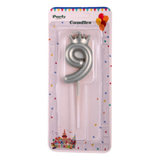 Decoration Materials - Birthday Candle Nine - Silver With A Crown 6 cm